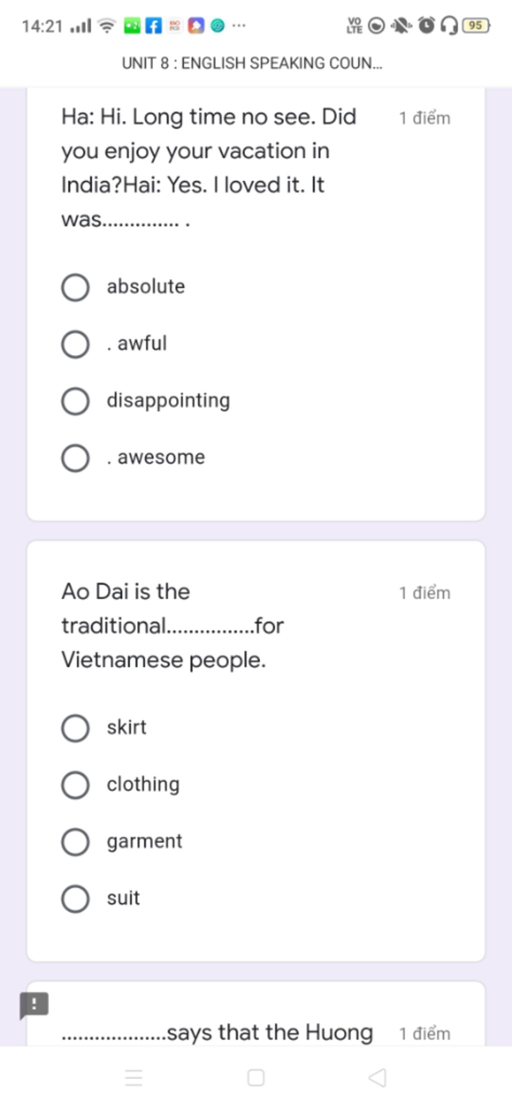 14:21 Ul ? 95 Unit 8 : English Speaking Coun.. Ha: Hi. Long Time No See.  Did 1 Điểm You Enjoy Your Vacation In India?Hai: Yes. I Loved It. It Was..  . Absol