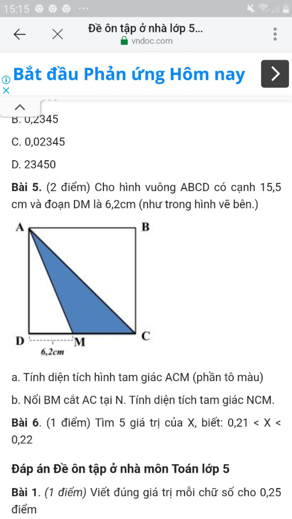 Cho hình vuông ABCD có cạnh 15,5cm và đoạn DM là 6,2 cm ( như ...