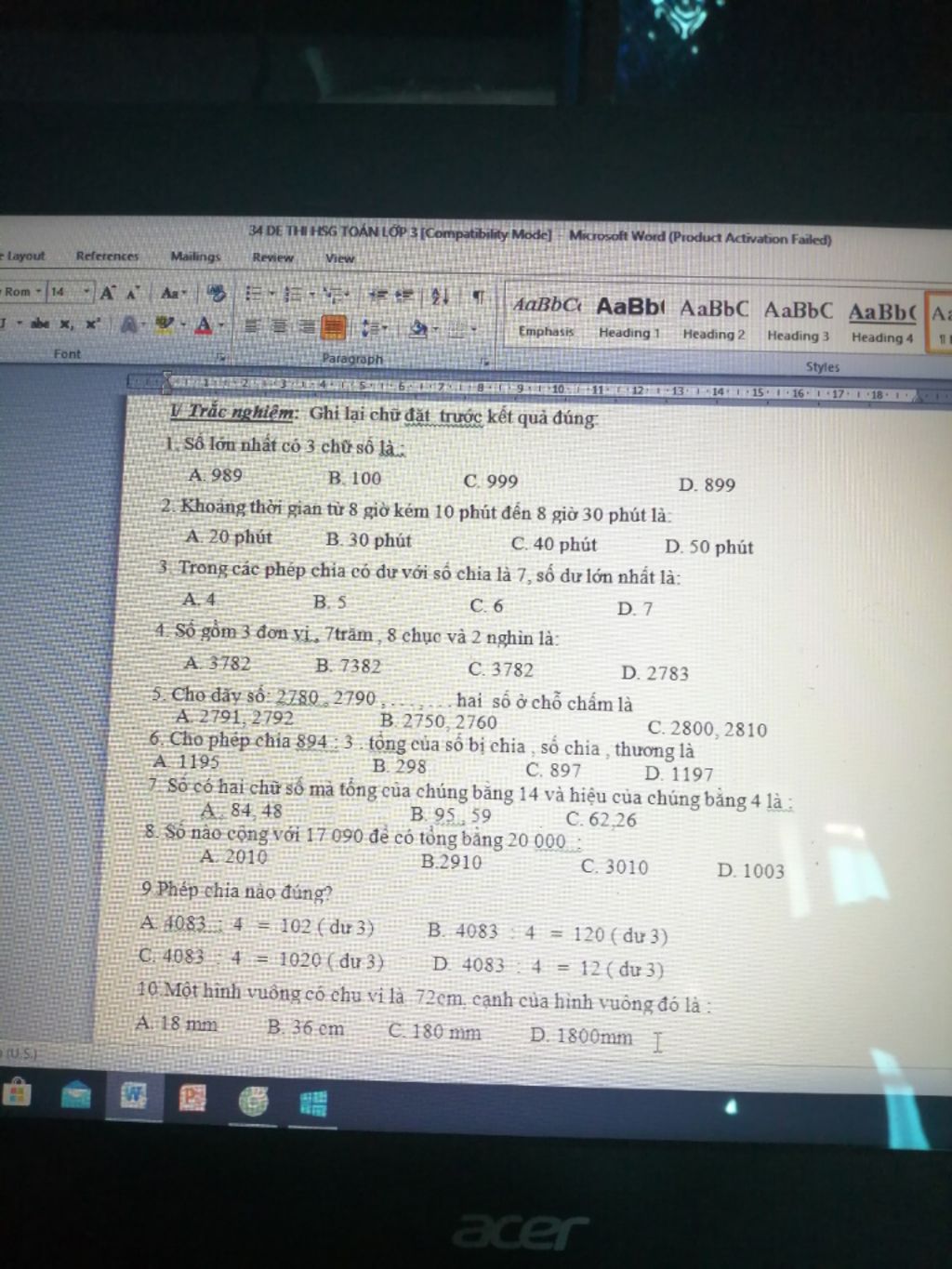 34 De Thi Hsg Toán Lớp 3 [Compatibility Mode] Microsoft Word (Product  Activation Failed) E Layout References Mailings Review View Rom 14 Aabbc  Aabb Aabbc A