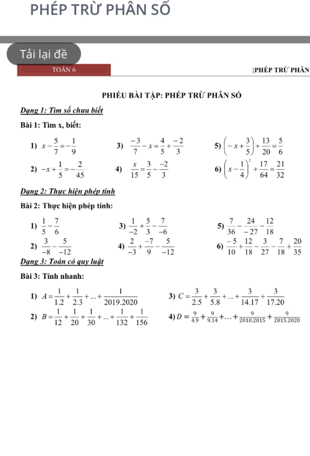 PHÉP TRỪ PHÂN SỐ PНЁР Tải lại đề TOÁN 6 [PHÉP TRỪ PHÂN PHIẾU BÀI ...