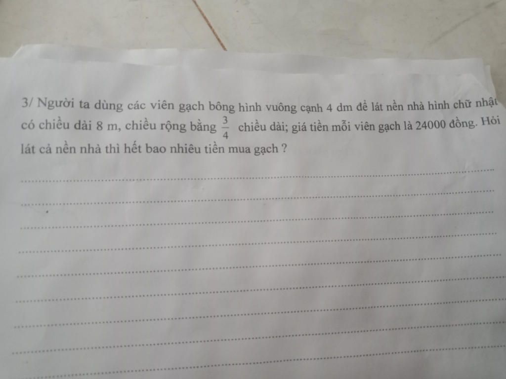 nền của một phòng học có dạng hình chữ nhật với chiều rộng đo được là 4m  và chiều dài là 6m để lát kín nền gạch đó cần  Olm