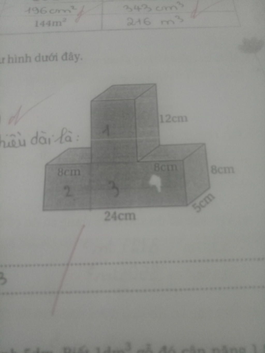 Tính thể tích của khối gỗ có dạng như hình dưới đây196 cm²
144m
343 cm
246 m3
t hình dưới đây.
12cm
hau dài là:
Вст
Встт
8cm
2.
24cm
5cm