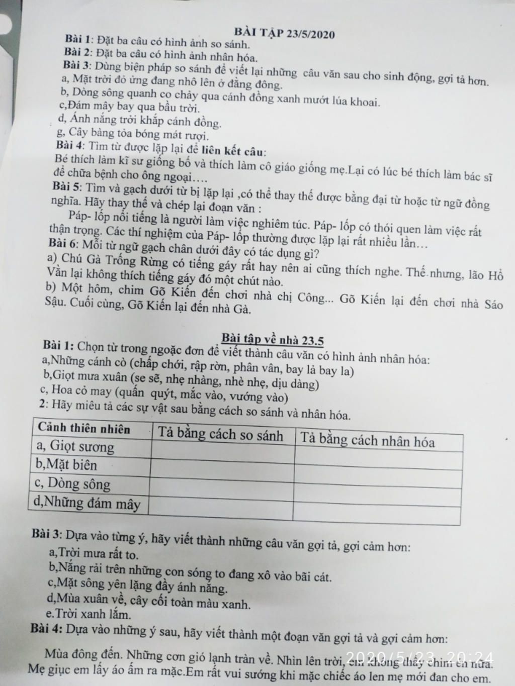 BÀI TẬP 23/5/2020 Bài 1: Đặt ba câu có hình ảnh so sánh. Bài 2 ...