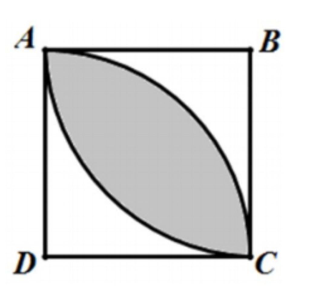 Cho hình vẽ bên gồm hình vuông ABCD có chu vi 20 cm. Vẽ 1/4 hình tròn tâm B  và 1/4 hình tròn tâm D rồi tô màu chiếc lá.Tính: diện tích