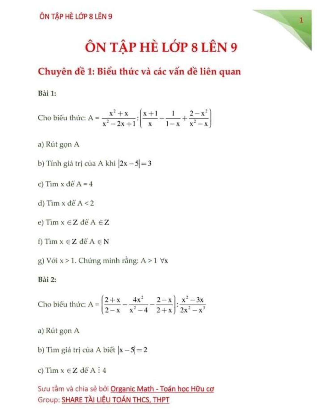 Ôn Tập Hè Lớp 8 Lên 9 Ôn Tập Hè Lớp 8 Lên 9 Chuyên Đề 1: Biểu Thức Và Các  Vấn Đề Liên Quan Bài 1: X' +X X+1 1 Cho