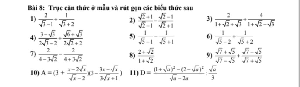Bài 8: Trục căn thức ở mẫu và rút gọn các biểu thức sau 1 1) 5-1 3 ...