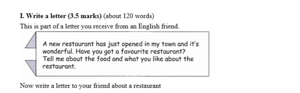 I. Write A Letter (3.5 Marks) (About 120 Words) This Is Part Of A Letter  You Receive From An English Friend. A New Restaurant Has Just Opened In My  Town An