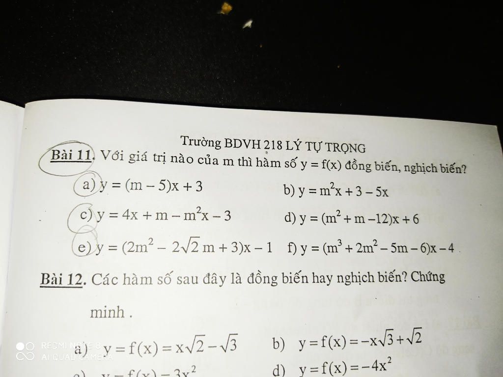 Trường Bdvh 218 Lý Tự Trọng Bài 11. Với Giá Trị Nào Của M Thì Hàm Số Y =  F(X) Đồng Biến, Nghịch Biến? A) Y = (M - 5)X + 3