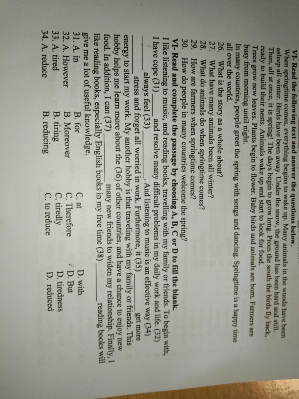 VI- Read the following text and answer the questions below. When springtime comes, everything begins to wake up. Many animals in the woods have been asleep VI- Read the following text and answer the questions below. When springtime comes, everything begins to wake up. Many animals in the woods have been asleep