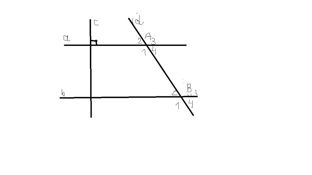 Xem hình vẽ, cho biết a//b và c vuông góc với a a) Cho đường thẳng d cắt  hai đường thẳng a và b tại A và B. Cho biết góc A1=