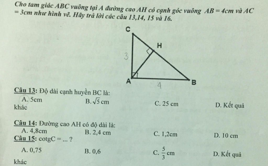 Cho tam giác ABC vuông tại A đường cao AH có cạnh góc vuông AB ...