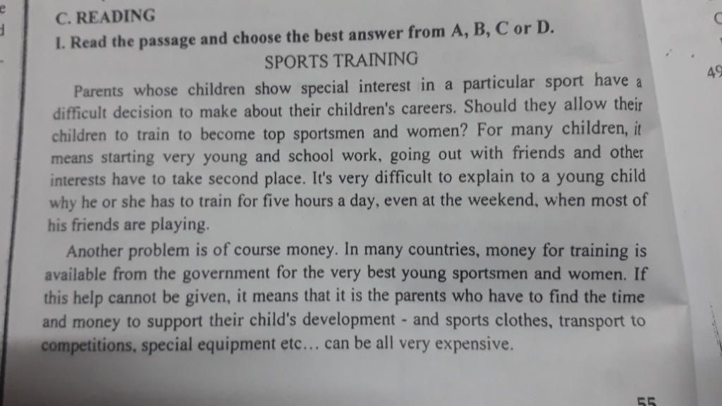 C. READING I. Read The Passage And Choose The Best Answer From A, B, C ...