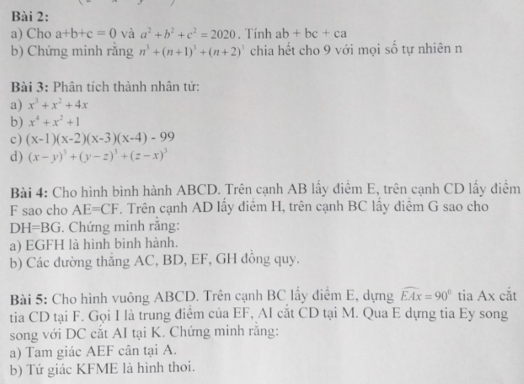 Bài 2: A) Cho A+b+c = 0 Và A +b +c = 2020. Tính Ab + Bc + Ca B) Chứng ...