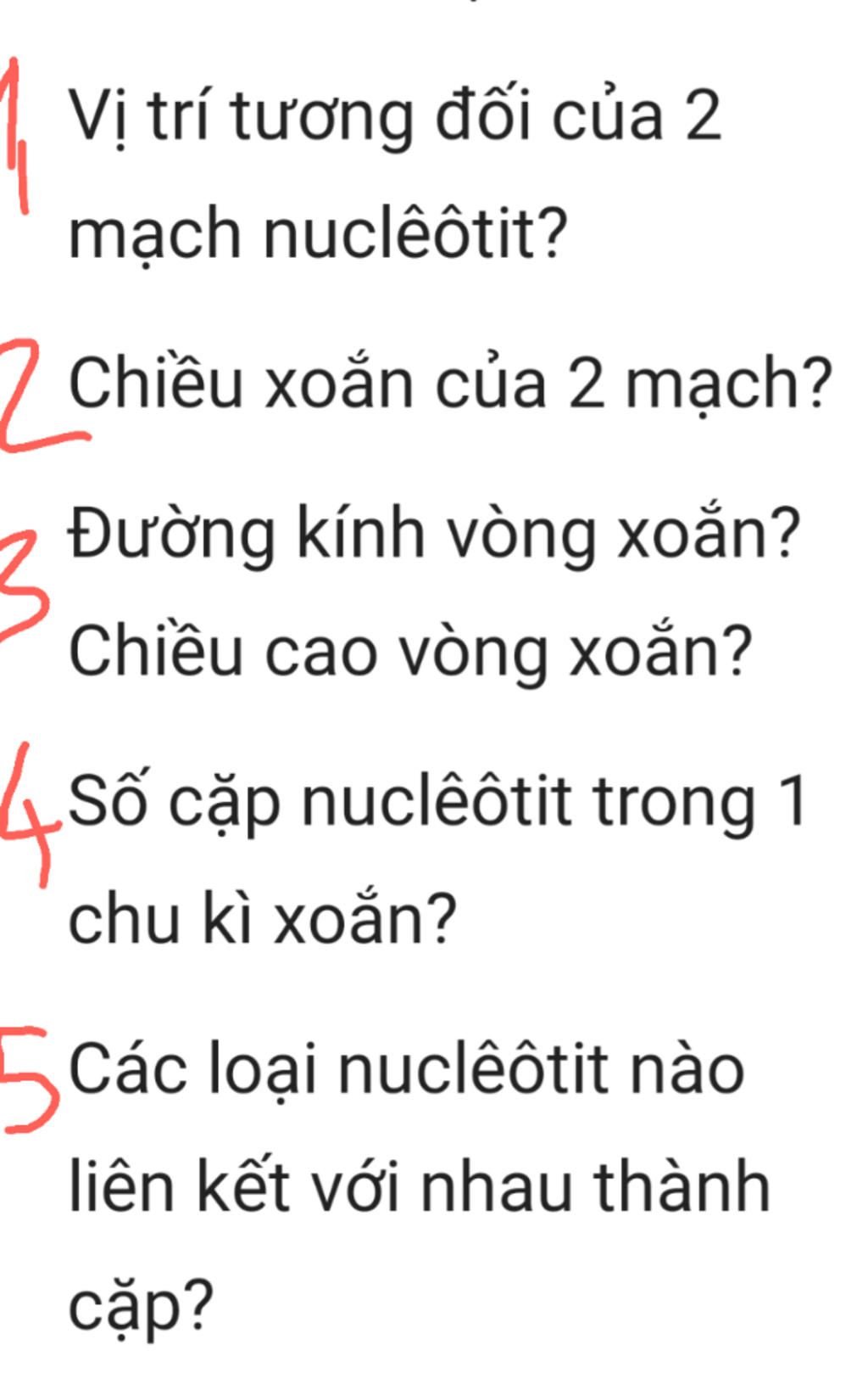 Vị trí tương đối của 2 mạch nucleotit trong cấu trúc phân tử ADN