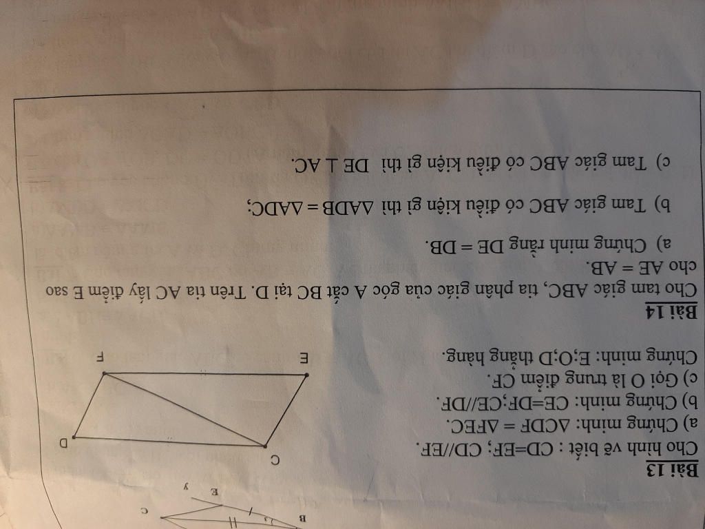 Bai 1 Cho Hinh Vẽ Biết Cd Ef Cd Ef A Chứng Minh Acdf Afec B Chứng Minh Ce Df Ce Df C Gọi O La Trung điểm Cf Chứng Minh E O D Thẳng Hang Bai