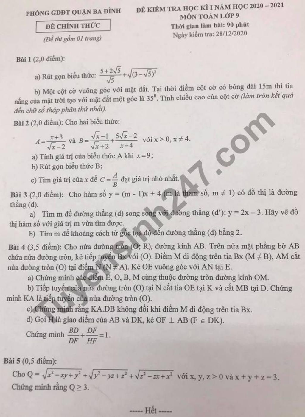 đẻ Kiểm Tra Học Ki I Năm Học 21 Mon Toan Lớp 9 Thời Gian Lam Bai 90 Phut Ngay Kiểm Tra 28 12 Phong Gdđt Quận Ba đinh đe Chinh Thức đề Thi Gồ