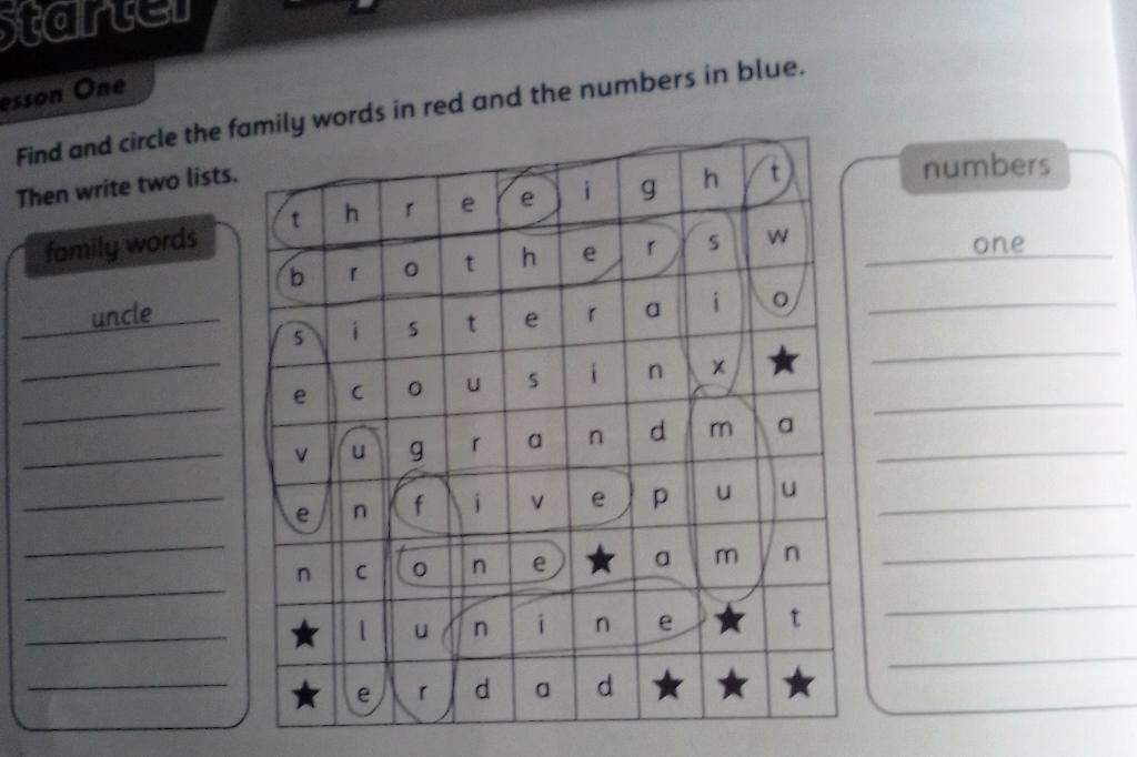 Stal Esson One Find And Circle The Family Words In Red And The Numbers In  Blue. Then Write Two Lists. 6. Numbers E E Fomily Words B. T. E Uncle One  T. V. 6. F