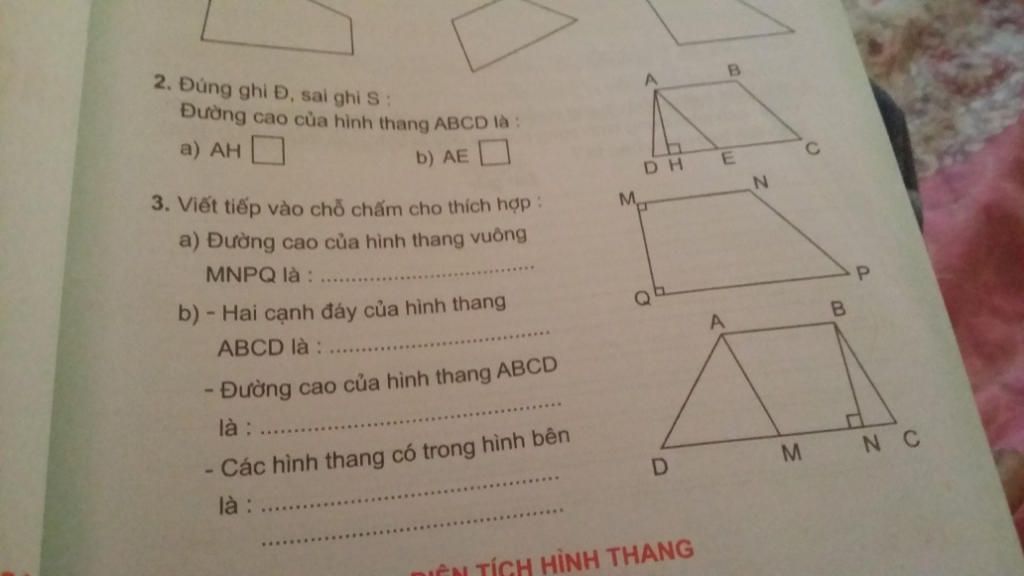 2. Đúng Ghi Đ, Sai Ghi S: B. Đường Cao Của Hình Thang Abcd Là A) Ah B) Ae  Dh 3. Viết Tiếp Vào Chỗ Chấm Cho Thích Hợp: M. A) Đường