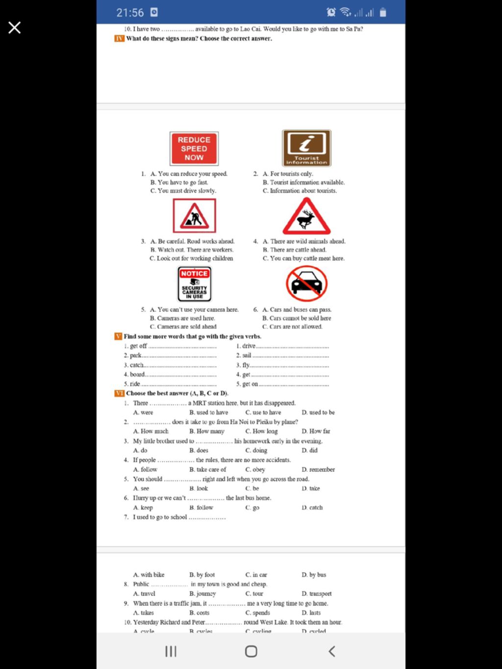 21:56 D 10. I Have Two ... ... Available To Go To Lao Cai. Would You Like  To Go With Me To Sa Pa? Iv What Do These Signs Mean? Choose The Correct  Answer. R