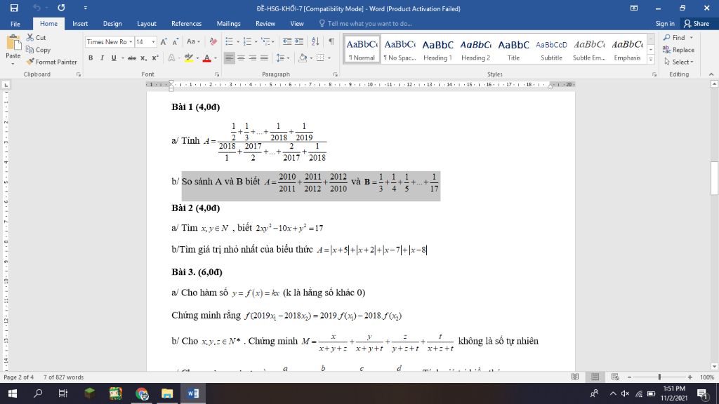 Đề-Hsg-Khối-7 [Compatibility Mode] - Word (Product Activation Failed) File  Home Insert Design Layout References Mailings Review View O Tell Me What  You Wan