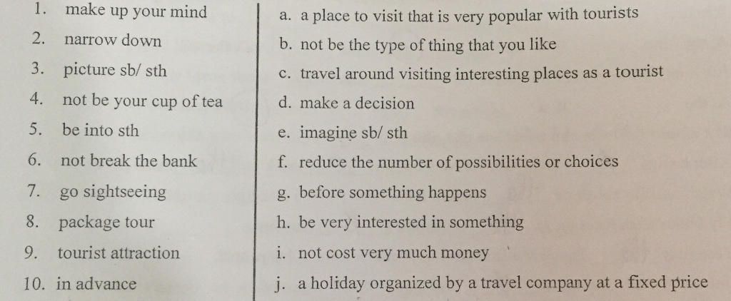 1. Make Up Your Mind A. A Place To Visit That Is Very Popular With Tourists  2. Narrow Down B. Not Be The Type Of Thing That Like You 3. Picture Sb/ Sth  C.