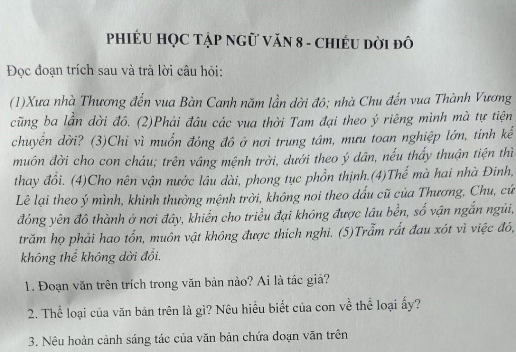 Phiếu Học Tập Ngữ Văn 8 - Chiếu Dời Đô Đọc Đoạn Trích Sau Và Trả Lời Câu  Hỏi: (1)Xưa Nhà Thương Đến Vua Bàn Canh Năm Lần Dời Đô: Nhà Chu