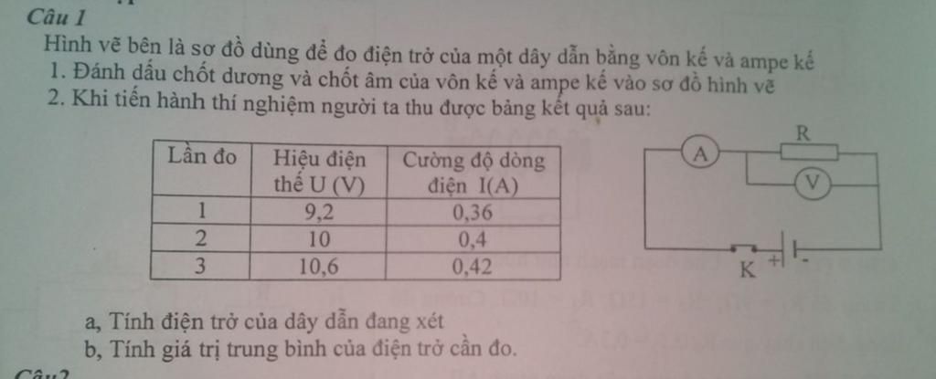 Câu 1: Hình vẽ bên là sơ đồ dùng để đo điện trở của một dây dẫn ...