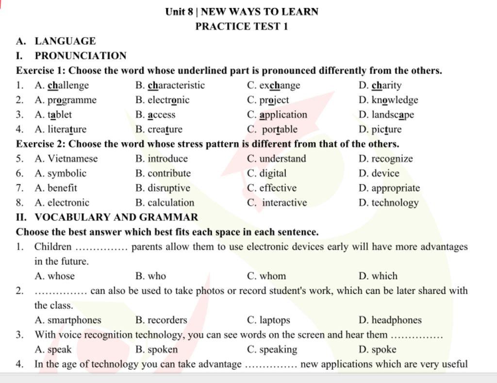 Unit 8 | NEW WAYS TO LEARN PRACTICE TEST 1 A. LANGUAGE I. PRONUNCIATION ...