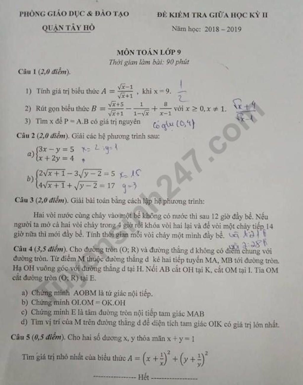 Phòng Giáo Dục & Đao Tạo Quận Tây Hỏ Đè Kiểm Tra Giữa Học Kỳ Ii Năm Học:  2018-2019 Môn Toán Lớp 9 Thời Gian Làm Bài: 90 Phút Câu 1 (2,0 Điểm). Vズー1  1) Tỉnh