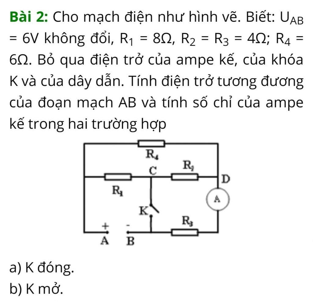 Bài 2 Cho Mạch điện Như Hình Vẽ Biết Uab 6v Không đổi R1 80 R2 R3 42 R4 60 Bỏ 5489