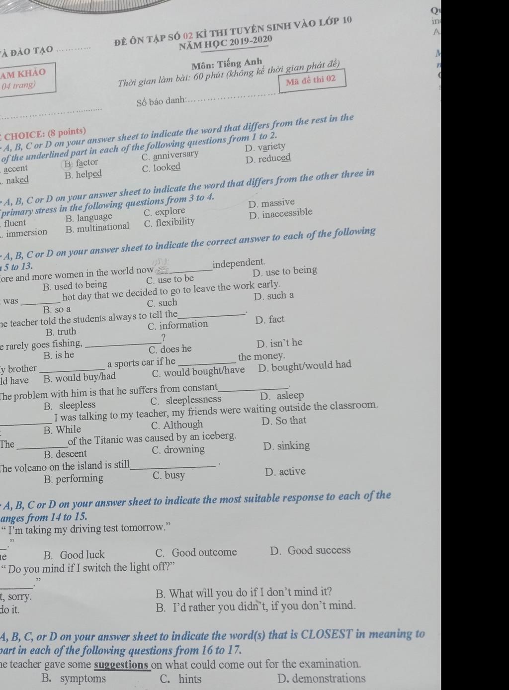 đề On Tập So 02 Ki Thi Tuyen Sinh Vao Lớp 10 Năm Học 19 Qu In A Fa đao Tạo Am Khảo 04 Trang Mon Tiếng Anh Thời Gian Lam