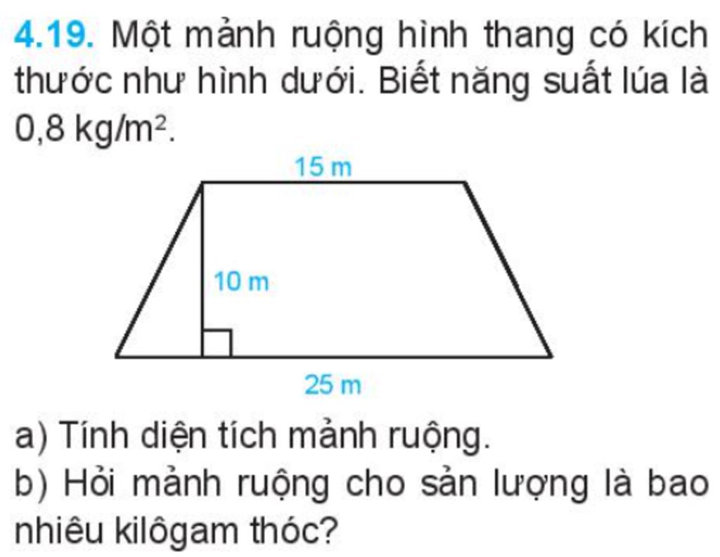 Một Mảnh Ruộng Hinh Thang Co Kich Thước Như Hinh Dưới Biết Năng Suất Lua La 0 8 Kg M A Tinh Diện Tich Mảnh Ruộng B Hỏi Mảnh Ruộng Cho Sản Lượng La