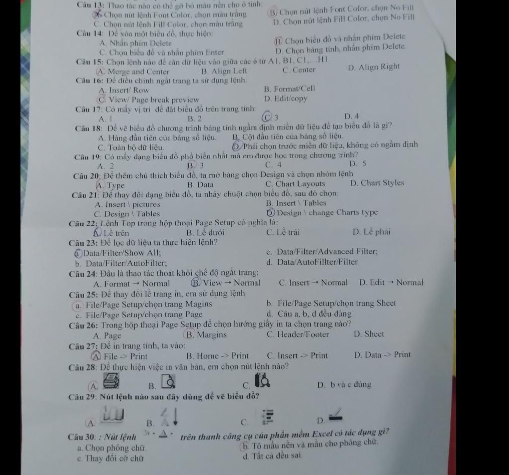 Câu 13: Thao tác nào có thể tở bỏ máu nền cho ô tinh: 6Chon mit ...