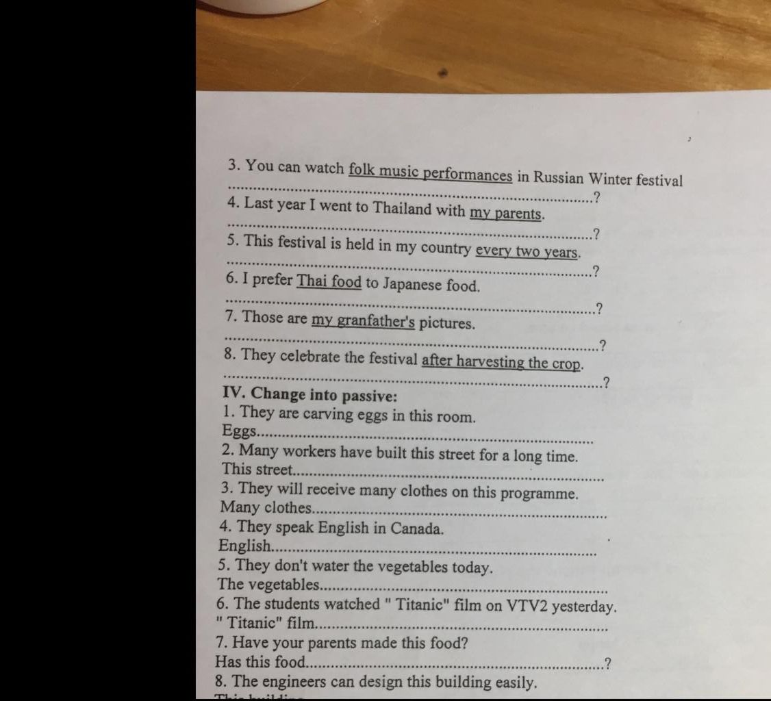 Giúp e với. Gấp ạ :(( `————` `I.`Make questions for the underlined ...