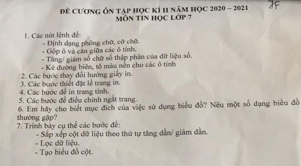 ĐÈ CƯƠNG ÔN TẬP HỌC KÌ II NĂM HỌC 2020 – 2021 MÔN TIN HỌC LỚP 7 1 ...