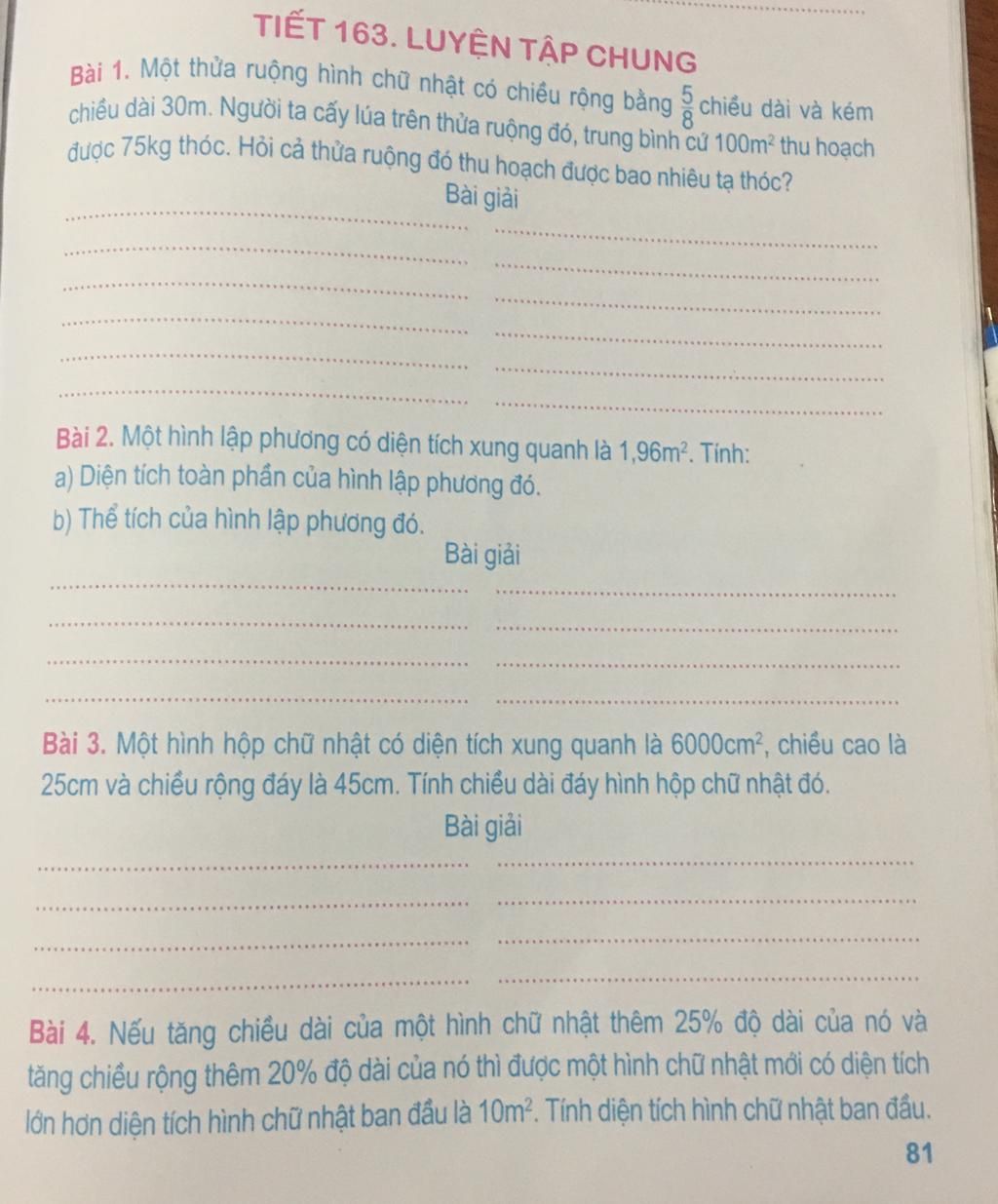 Tiết 163 Luyện Tập Chung Bai 1 Một Thừa Ruộng Hinh Chữ Nhật Co Chiều Rộng Bằng Chiều Dai Va Kem Chiều Dai 30m Người Ta Cay Lua Tren Thửa Ruộng đo Trung