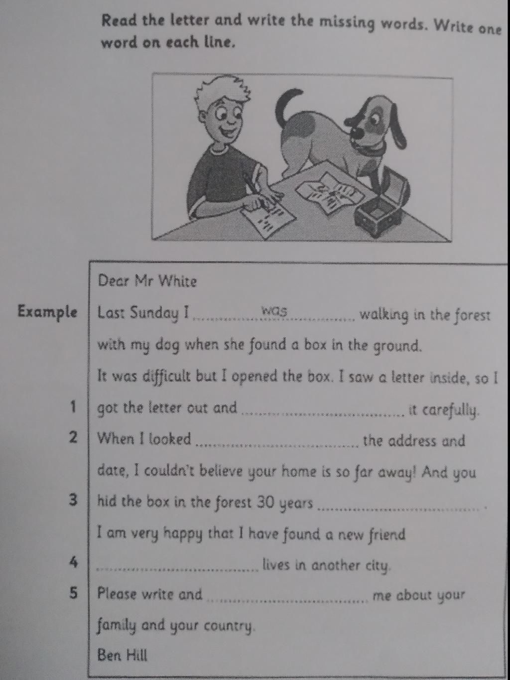 Read The Letter And Write The Missing Words. Write One Word On Each Line.  Dear Mr White Example Las: Sunday I Was .... Walking In The Forest With My  Dog Wh