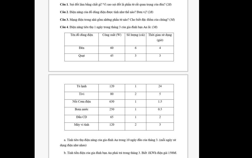 Câu 1. Sợi đốt làm bằng chất gì? Vi sao sợi đốt là phần từ rất quan trọng của đèn? (2đ) Câu 2. Điện năng của đồ dùng điện được tính như thế nào? Đơn vị? (2