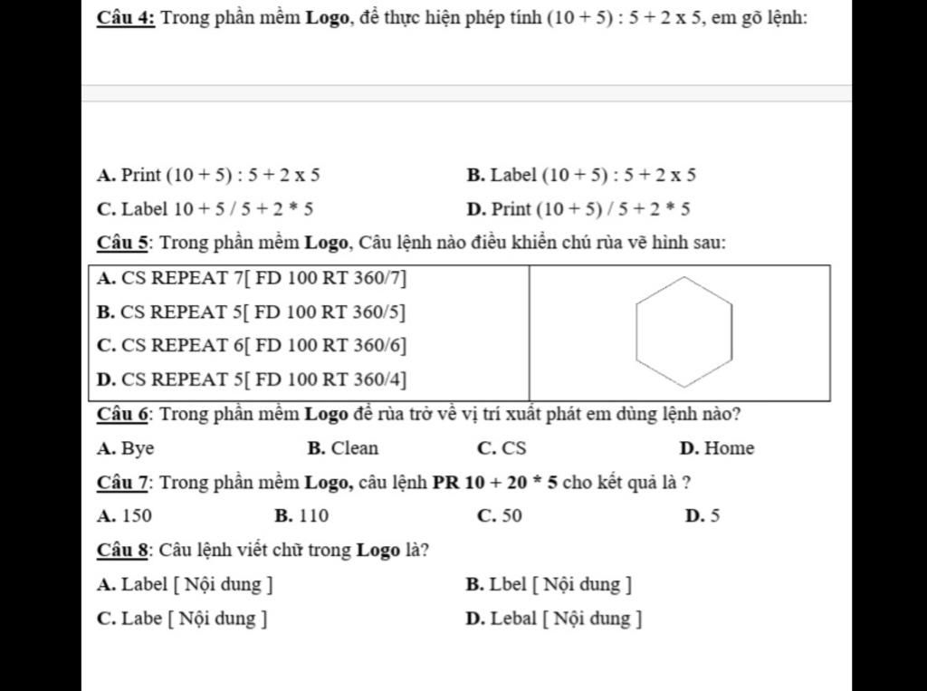 Câu 4: Trong phần mềm Logo, để thực hiện phép tính (10 + 5): 5+2 x ...