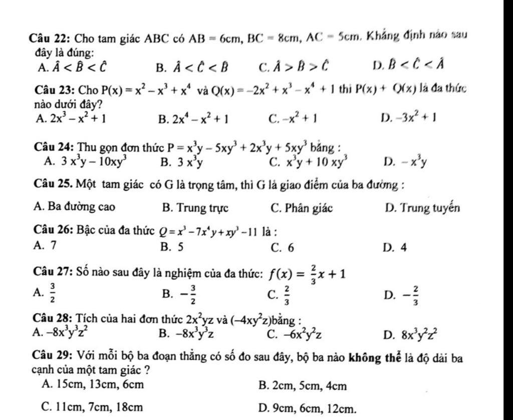 Cau 22 Cho Tam Giac Abc Co Ab 6cm 8cm Ac 5cm Khang Dinh Nao Sau đay La đung A A B ĉ B A C