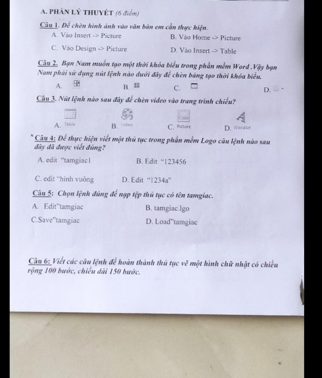 A. PHẦN LÝ THUYẾT (6 điểm) Câu 1. Để chèn hình ảnh vào văn bản em ...