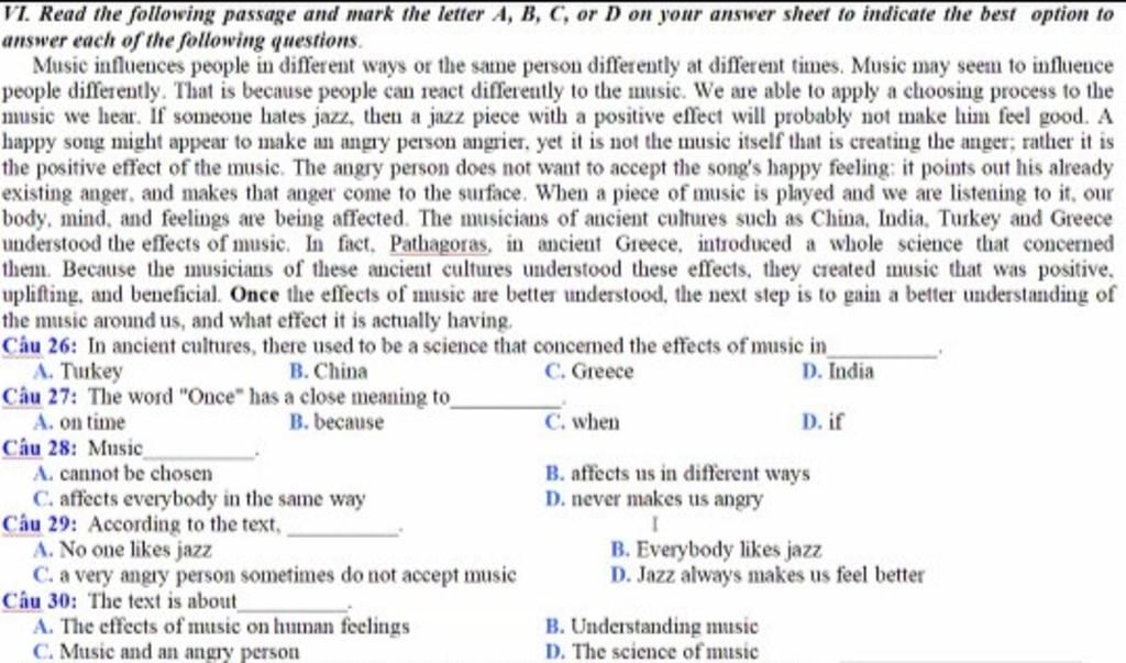 VI. Read The Following Passage And Mark The Letter A, B, C, Or D On ...