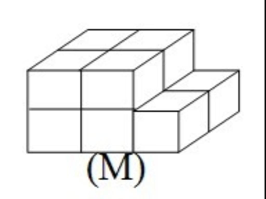 Hình (M) gồm nhiều khối lập phương như nhau có cạnh 2cm ghép lại( như hình  vẽ bên ) Hình (M) có thẻ tích là:(M)