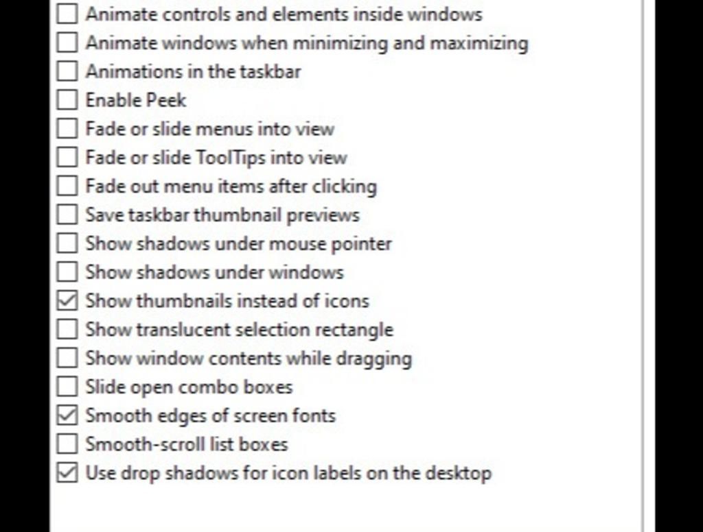 O Animate controls and elements inside windows | Animate windows when  minimizing and maximizing Animations in the taskbar Enable Peek |Fade or  slide menus