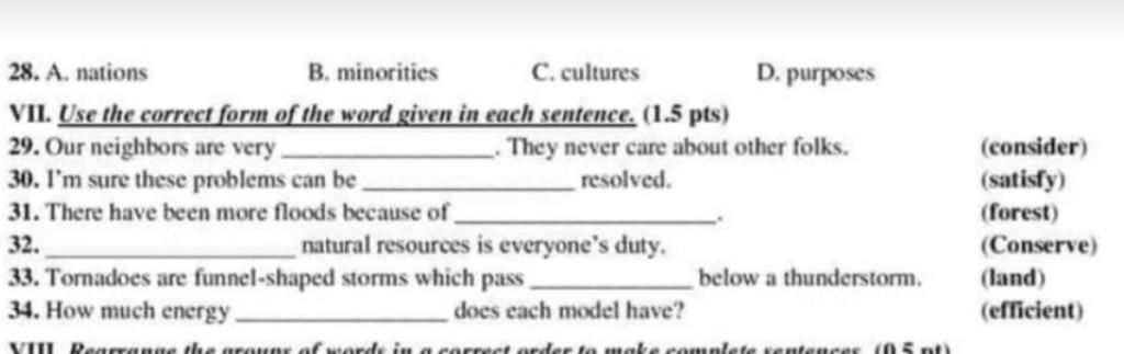 28. A. nations B. minorities C. cultures D. purposes VIL Use the ...