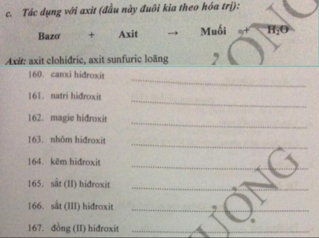 Tac Dụng Với Axit đầu Nay đuoi Kia Theo Hoa Trị Muối C Axit H 0 Bazo Axit Axit Clohiđric Axit Sunfuric Loang 160 Canxi Hidroxit 2 161 Natri Hidrox