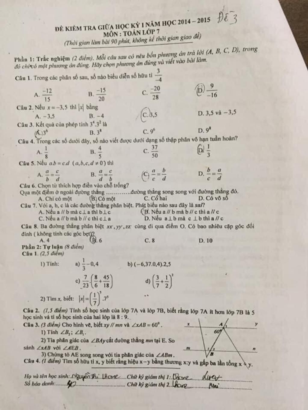 Làm Nhanh Hộ Vs Ạ Cả Phần Trắc Nghiệm Và Tự Luận Nha Đề 3Đẻ Kiểm Tra Giữa  Học Kỷ I Năm Học 2014- 2015 Môn : Toán Lớp 7 (Thời Gian