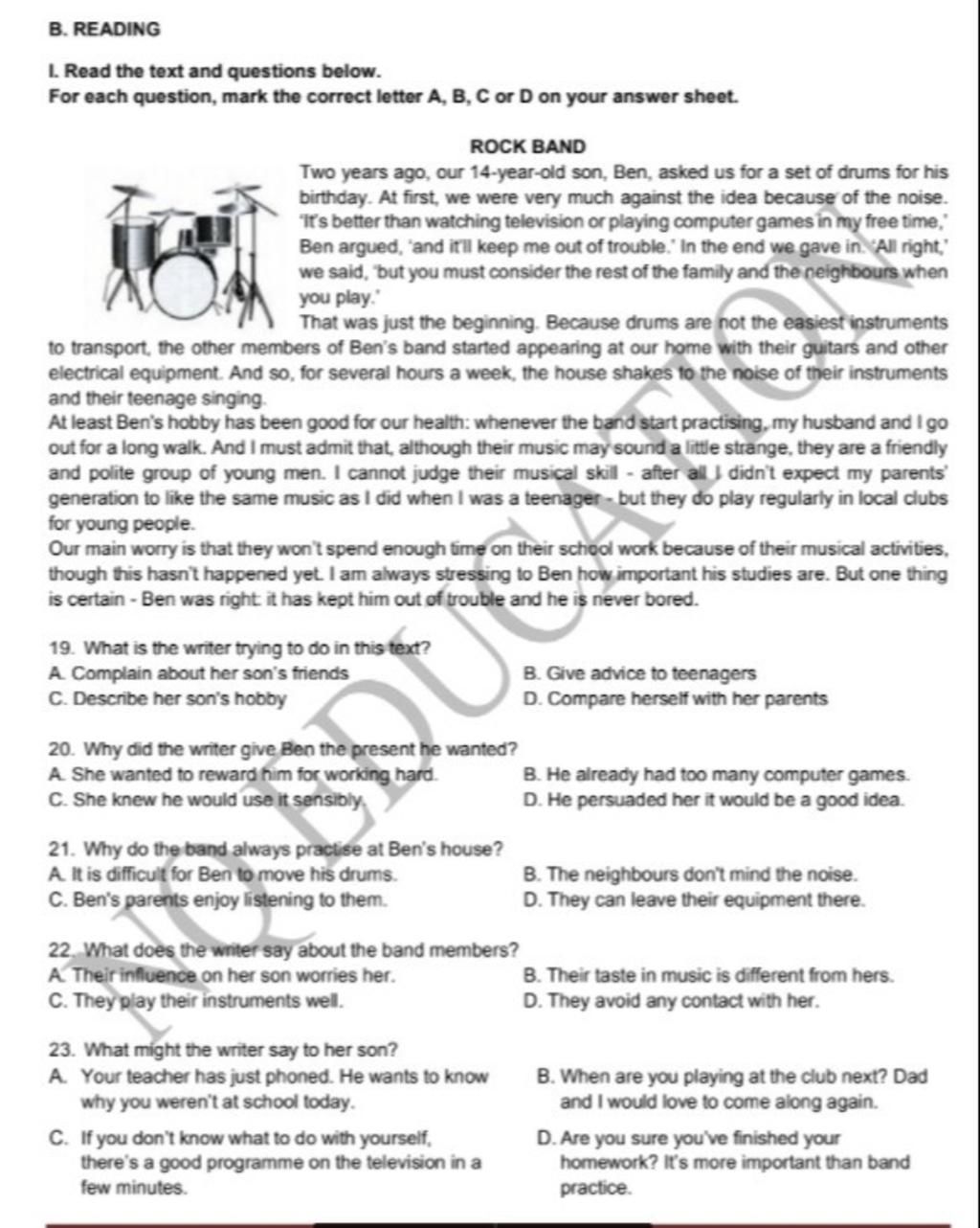 B. READING L Read The Text And Questions Below. For Each Question, Mark ...