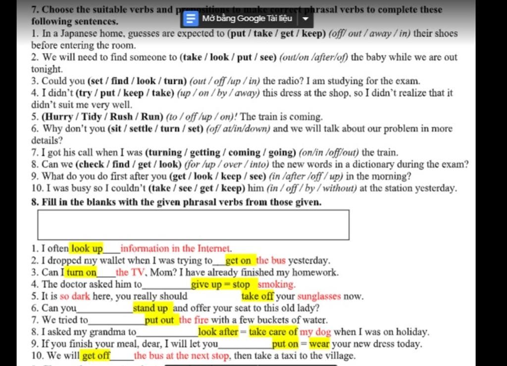 7. Choose The Suitable Verbs And Prepositions To Make Correct Phrasal Verbs  To Complete These Following Sentences. 1. In A Japanese Home, Guesses Are  Expected