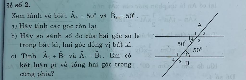 Đề Số 2. Xem Hình Vẽ Biết A4 = 50° Và B2 = 50°. A) Hãy Tính Các Góc Còn  Lại. B) Hãy So Sánh Số Đo Của Hai Góc So Le